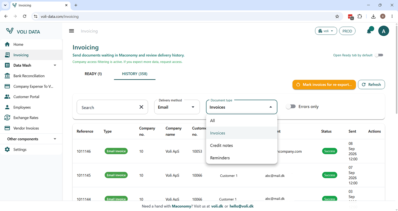 Email invoice delivery history filtered by delivery method and document type